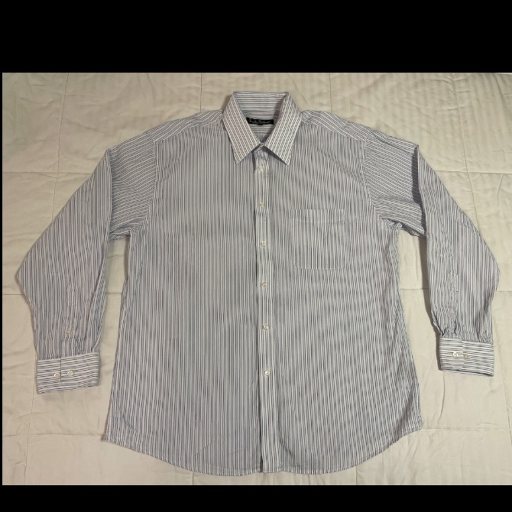 Nicole Miller Men's 16 Seersucker Blue Striped Long Sleeve Button Down Shirt